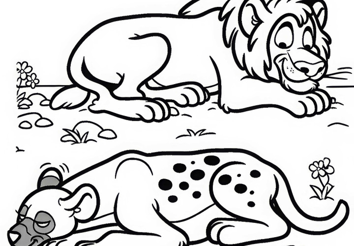 A hyena sneaks carefully past a lion - coloring page