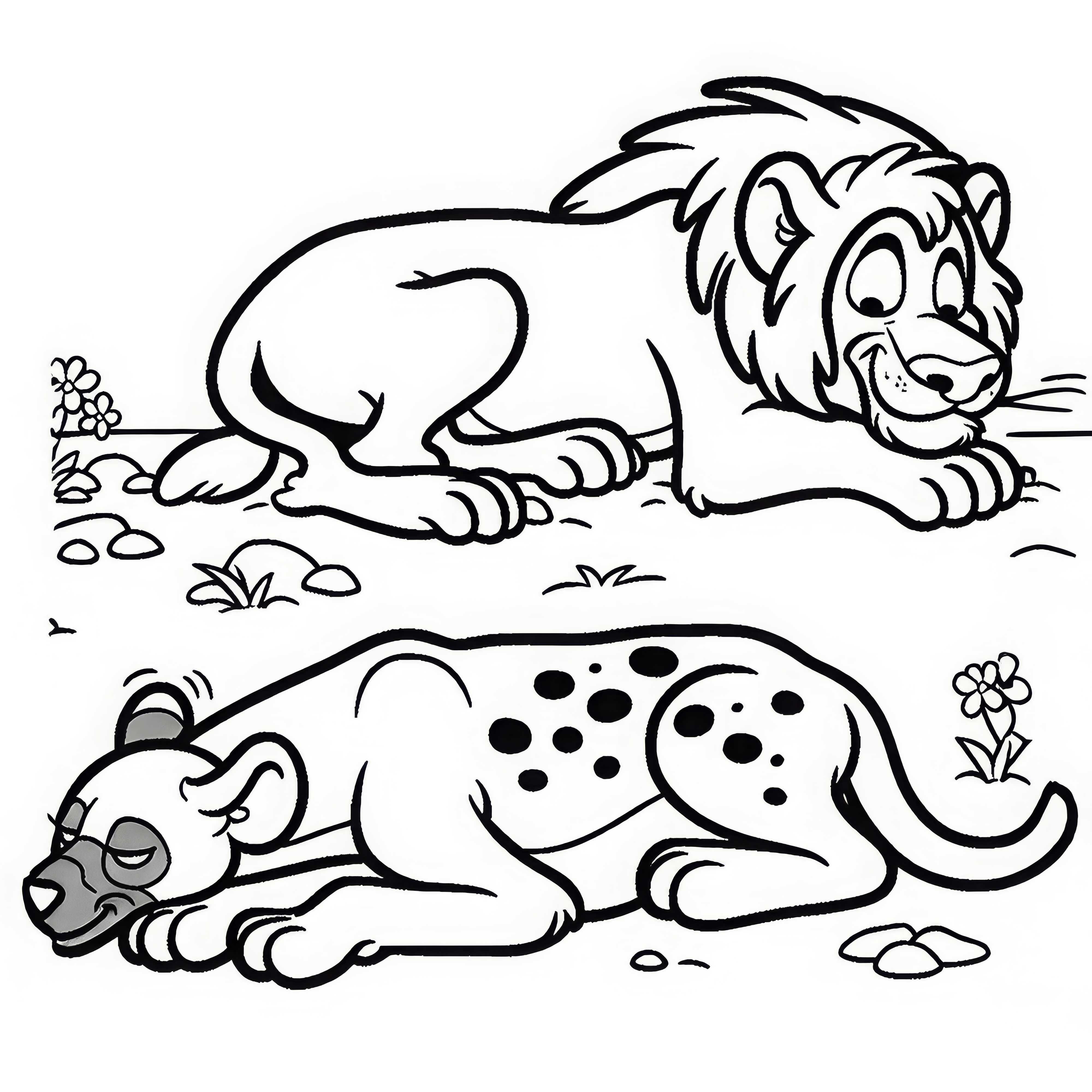 Гієна обережно підкрадається до левів – малюнок для розфарбовування Гієна обережно підкрадається до лева – картинка для розфарбовування