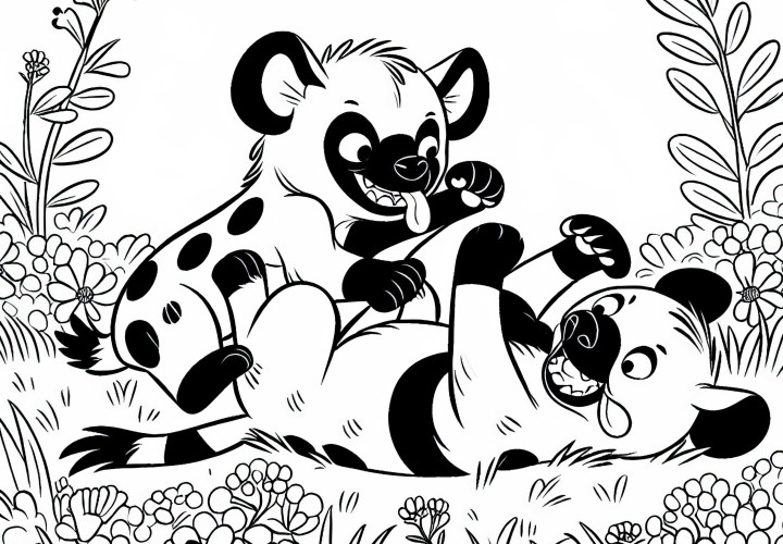 Two hyenas are playfully wrestling - Free coloring page