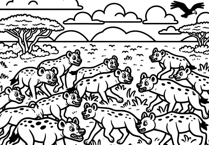 Group of hyenas hunting together through the savannah - free coloring page