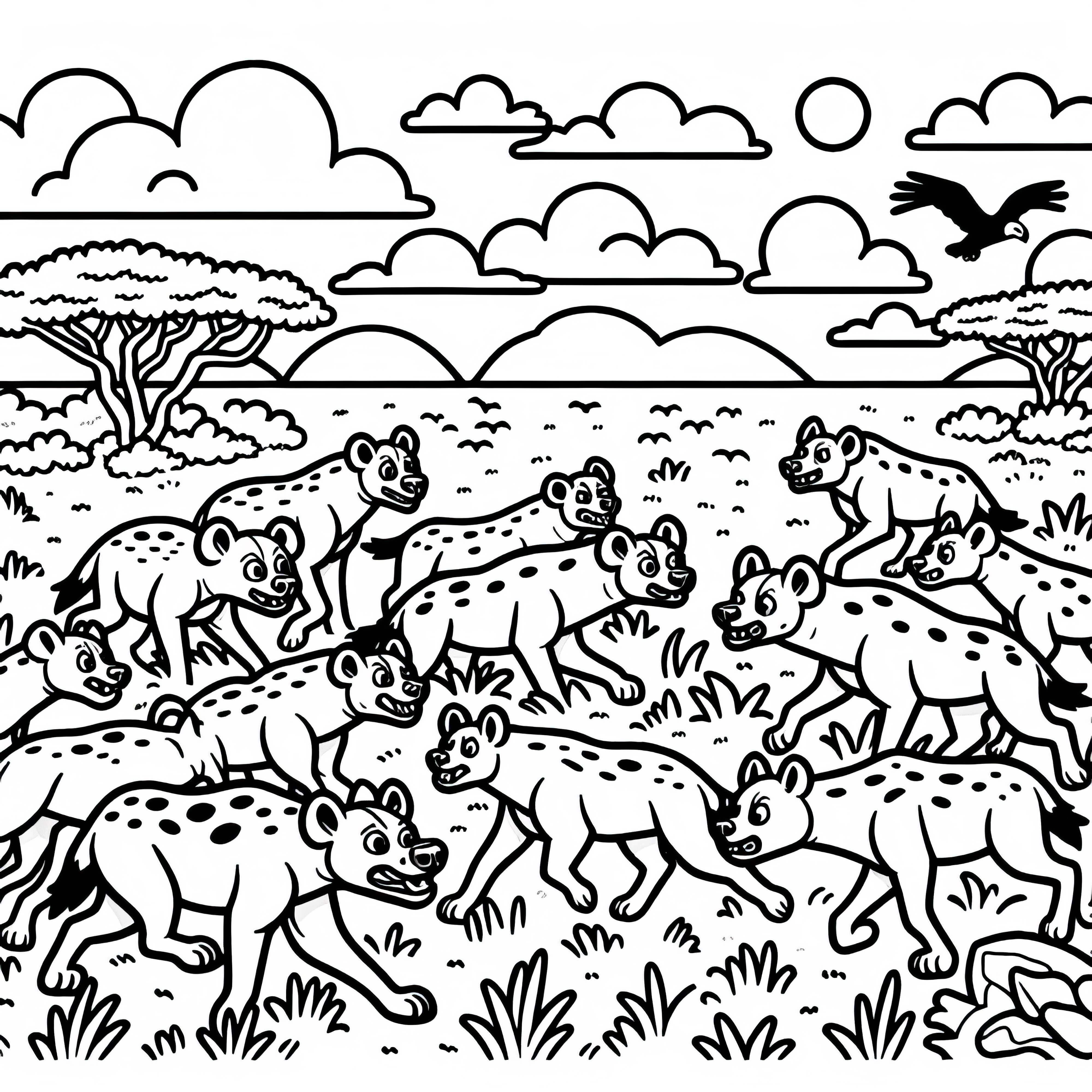 A group of hyenas hunts together through the savannah – free coloring page