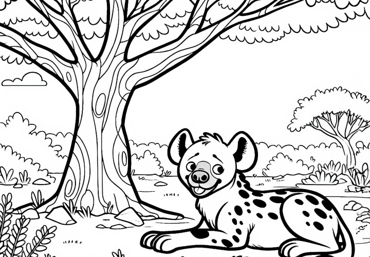Hyena rests under a tree – Free coloring page