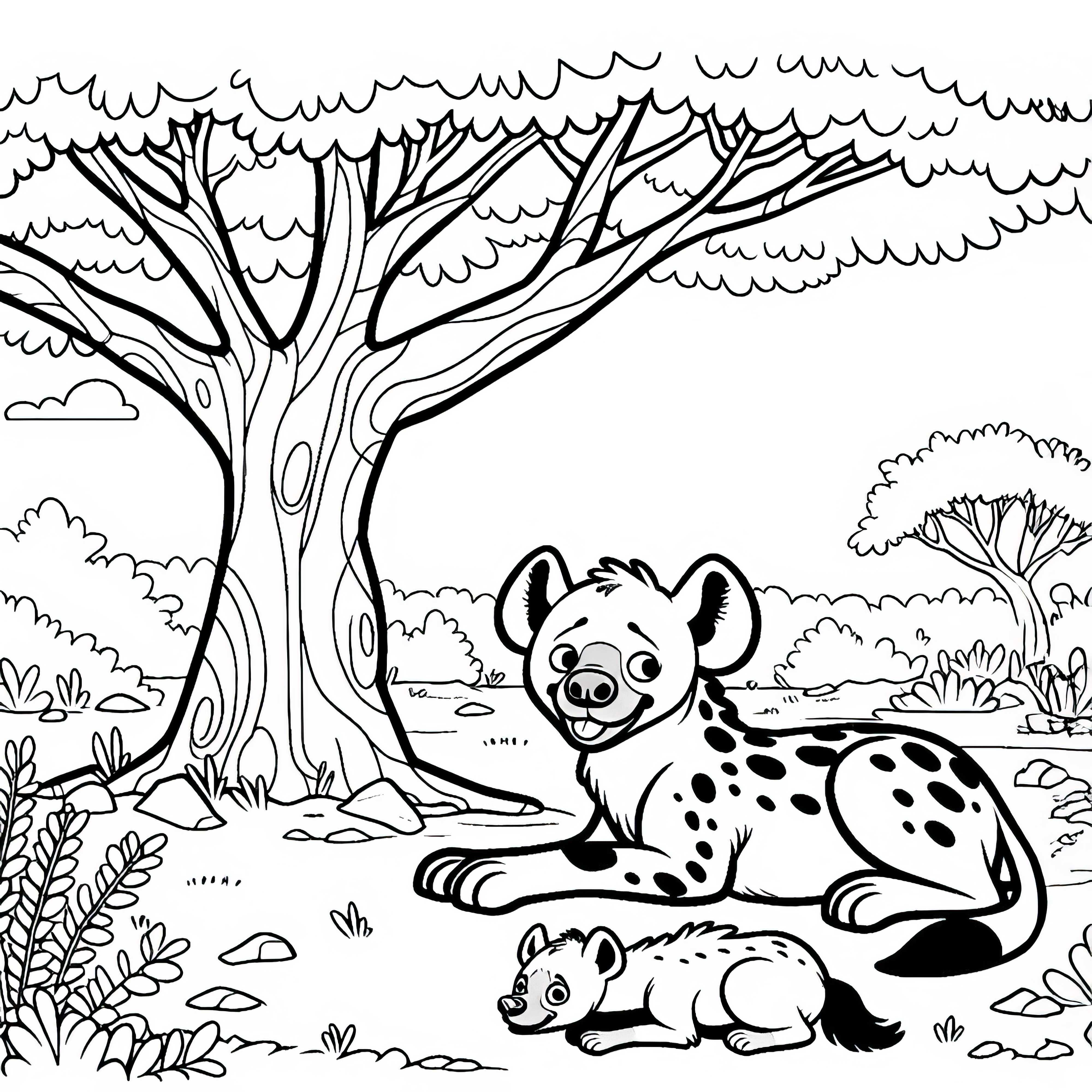 Hyena resting under a tree - Free coloring page Hyena resting under tree – Free coloring page