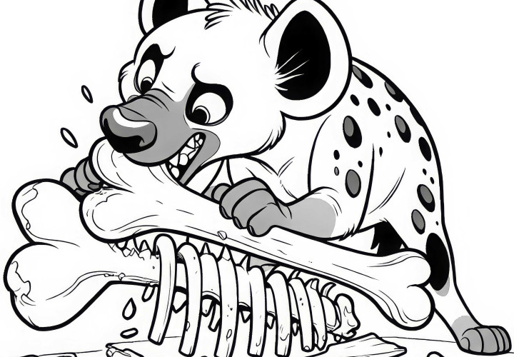 Hyena eats on a bone - Free coloring page