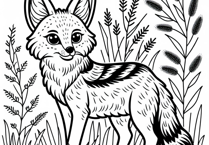 Schakalen står i det høye gresset – gratis fargeleggingsbilde Sjakkal står i høyt gress – Gratis fargeleggingsbilde