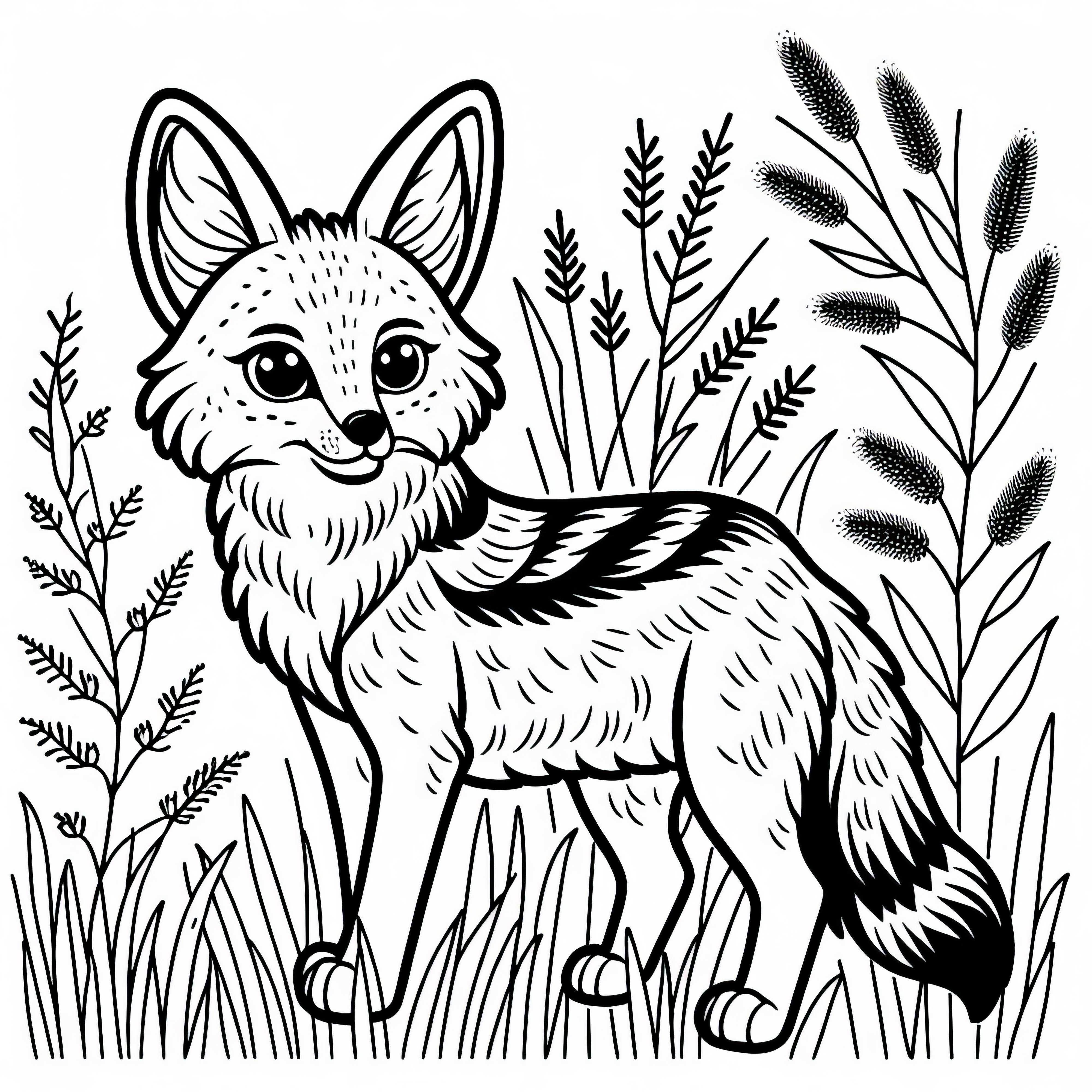 Sjakkal står i høyt gress – Gratis fargeleggingsbilde Sjakkal står i høyt gress - Fargeleggingsbilde gratis
