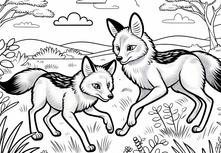 To skifter jakter sammen gjennom savannen - Malerutstilling gratis To unge sjakaler jakter sammen gjennom savannen – gratis fargeleggingsmal