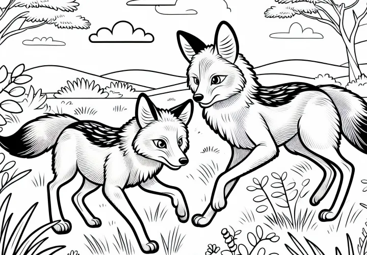 Две шакалы вместе охотятся по саванне – раскраска бесплатно