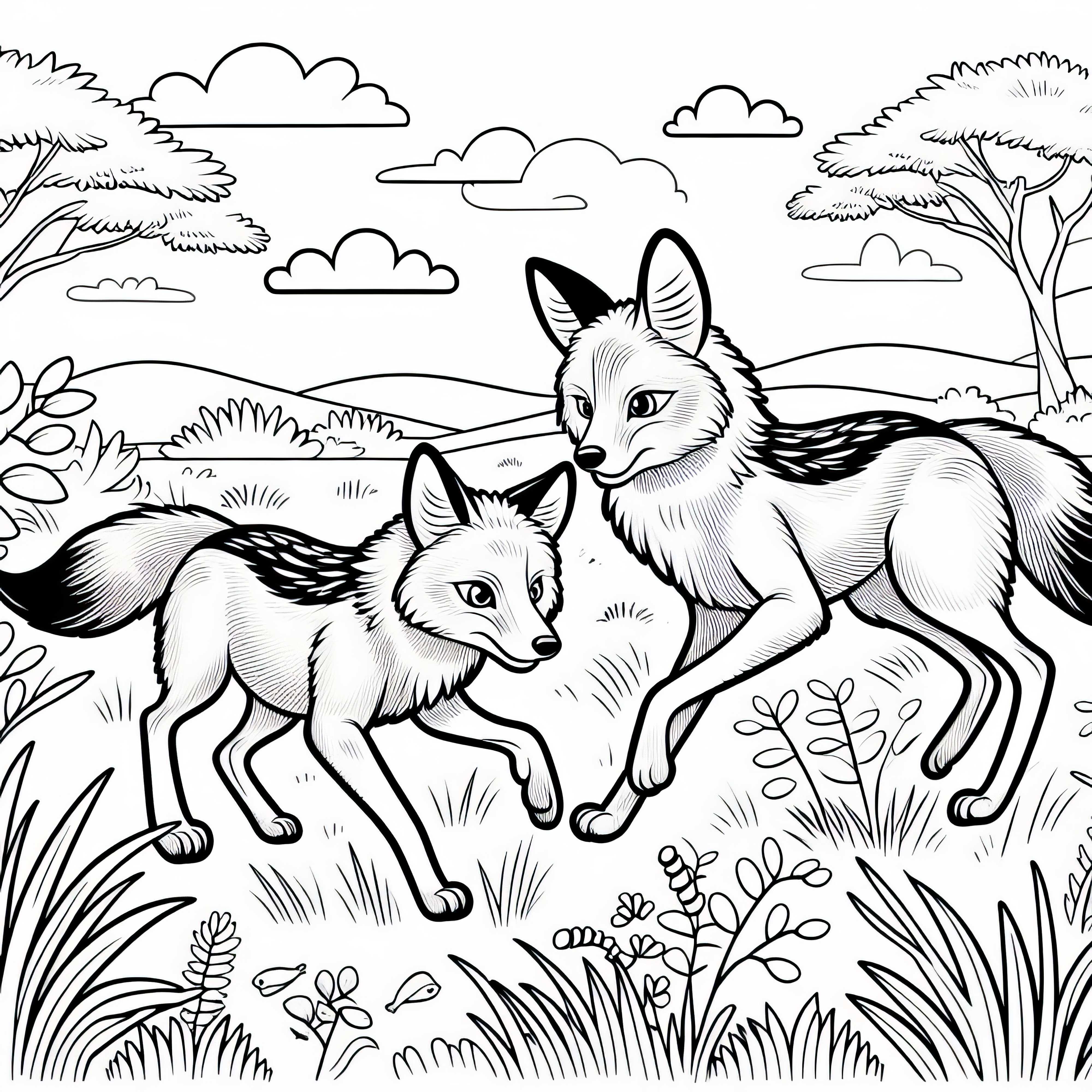 To skalker jakter sammen gjennom savannen – Malemal gratis To hunder jakter sammen gjennom savannen – fargeleggingsmal gratis