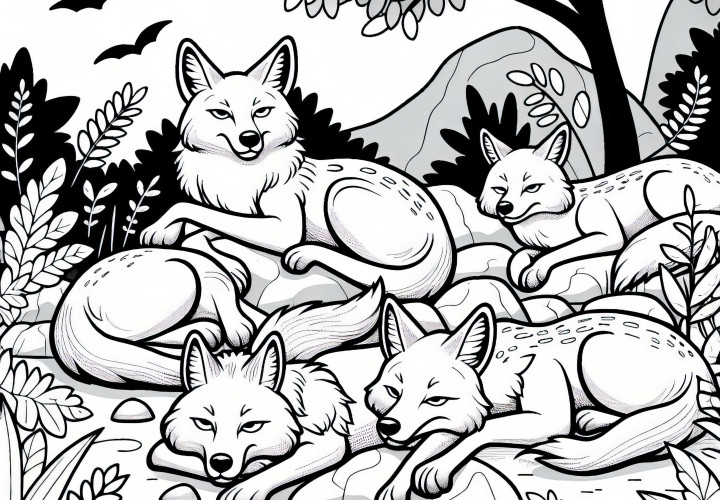 Gruppe av sjakaler hviler seg i skyggen etter jakten – Malebilde gratis Gruppe av sjakaler hviler seg i skyggen etter jakten – Fargeleggingsbilde gratis