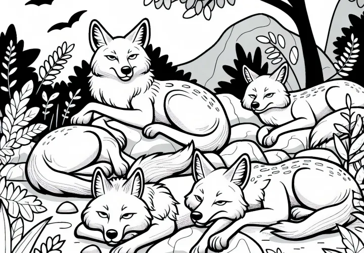 Группа шакалов отдыхает в тени после охоты – Бесплатная раскраска