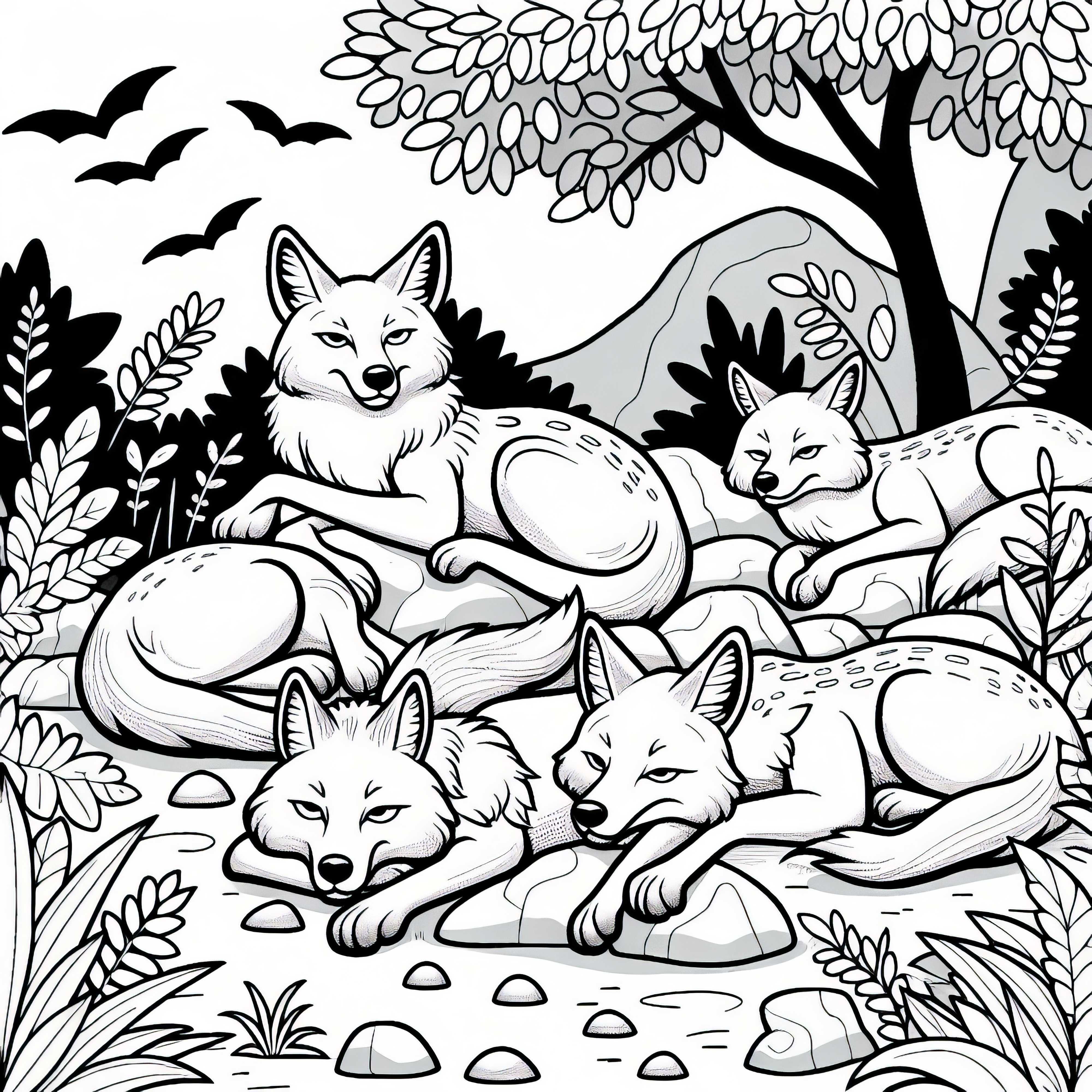 Gruppe av sjakaler hviler seg i skyggen etter jakt – Fargeleggingsbilde gratis En gruppe sjakaler hviler seg i skyggen etter jakten – Malebilde gratis