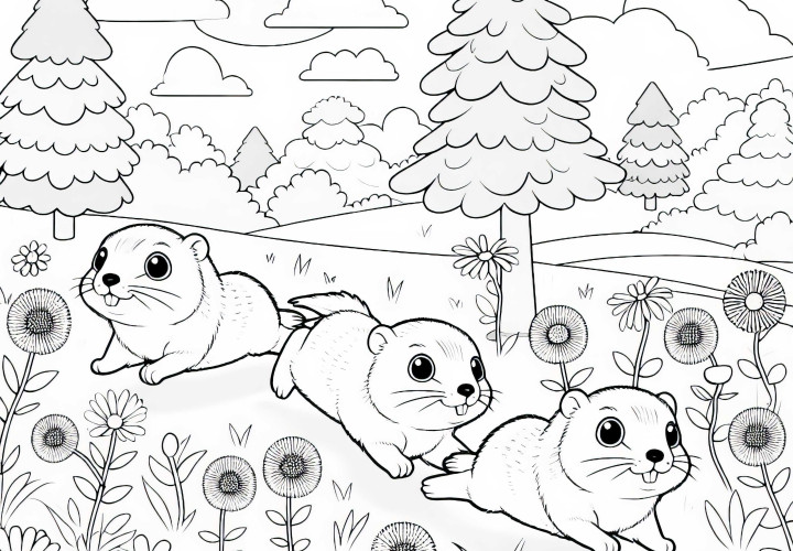 Група лемінгів біжить через луг, повний диких квітів – Безкоштовний малюнок для розмальовування