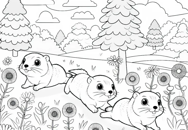 Группа леммингов бегает по луговой траве, полной диких цветов – Бесплатная раскраска