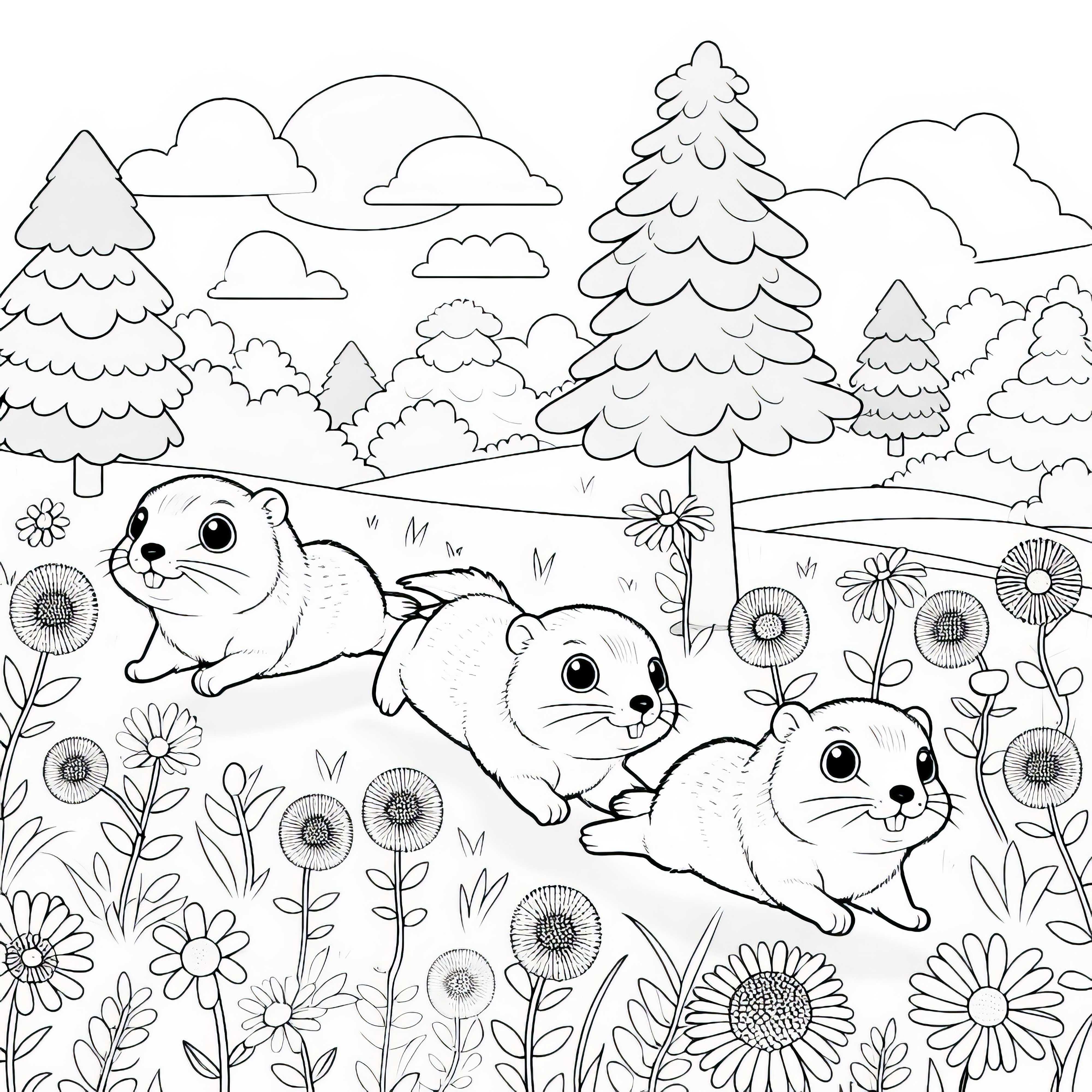 Groupe de lemmings court sur une prairie pleine de fleurs sauvages – Dessin à colorier gratuit