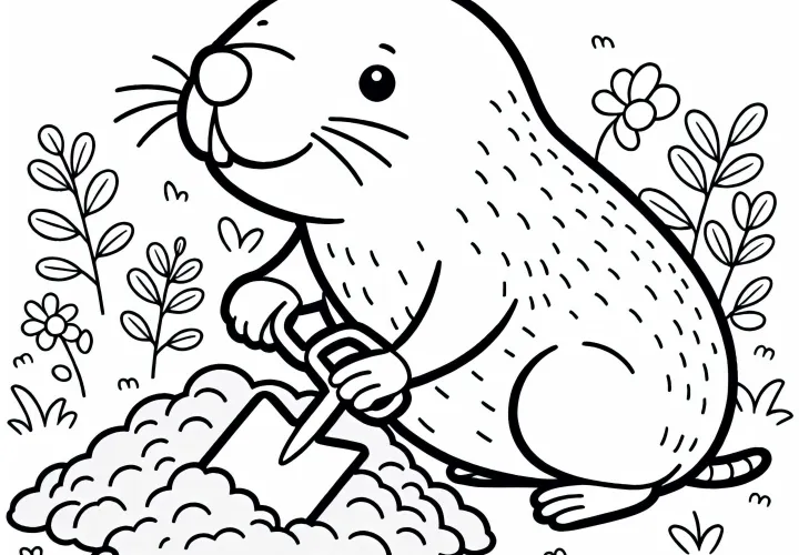 Maulwurf gräbt mit Schaufel im Boden: Einfaches Ausmalbild (Kostenlos)