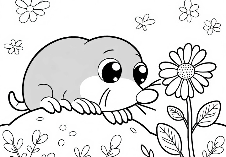 Maulwurf schnuppert an Blume: Einfaches Ausmalbild (Gratis)
