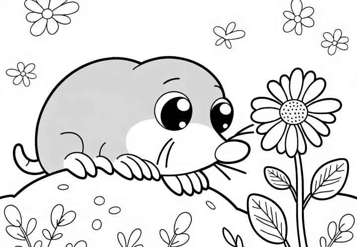 Maulwurf schnuppert an Blume: Einfaches Ausmalbild (Gratis)