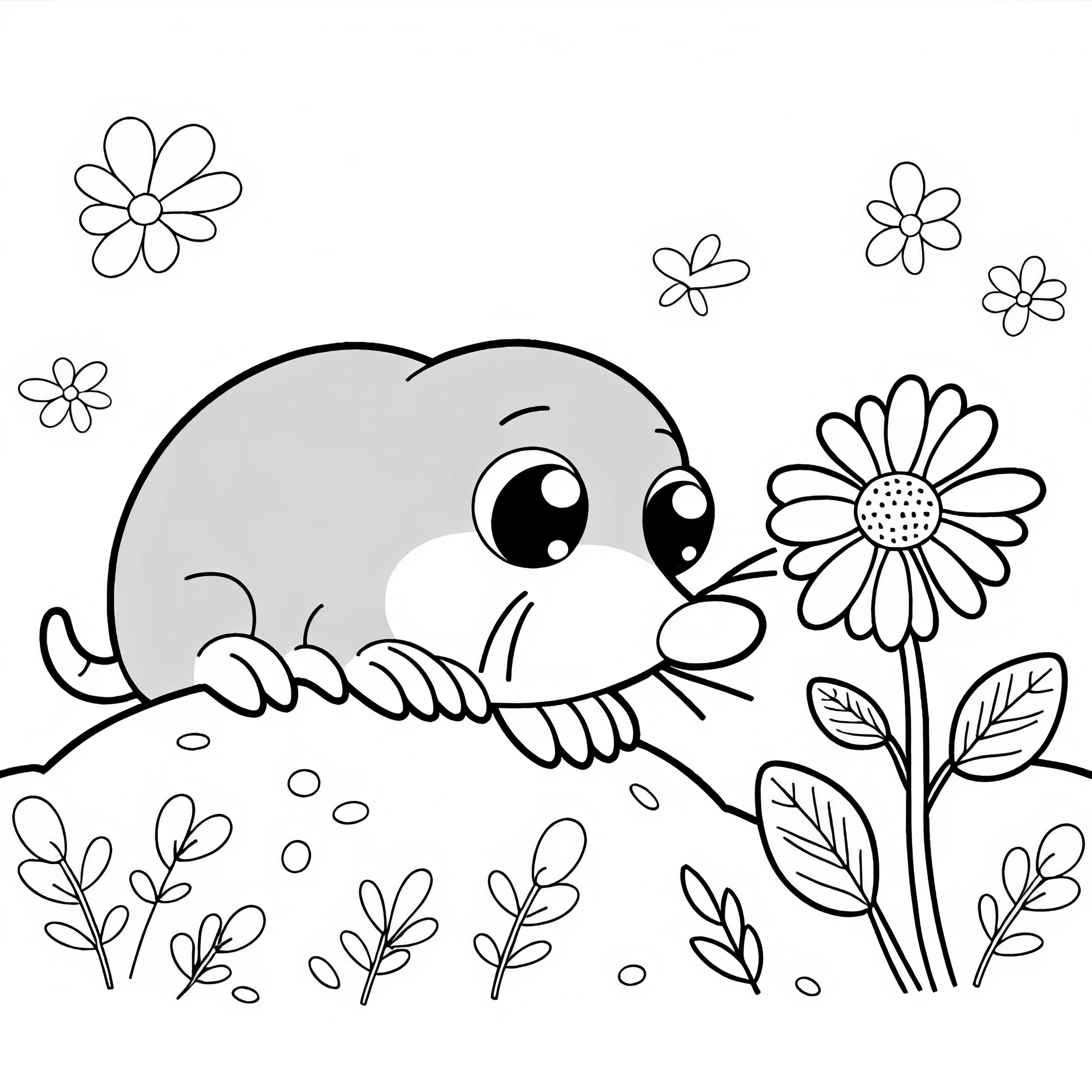 Maulwurf schnuppert an Blume: Einfaches Ausmalbild (Gratis)