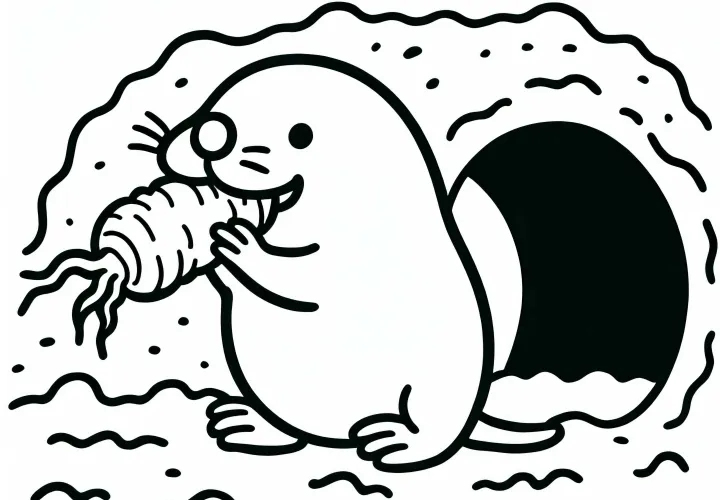Maulwurf frisst Karotte: Einfaches Ausmalbild (Gratis)
