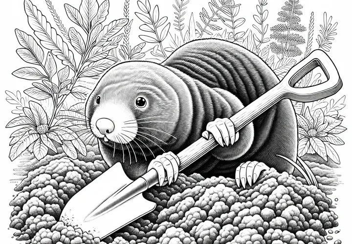 Maulwurf gräbt mit Schaufel im Boden: Malvorlage zum Download (Gratis)