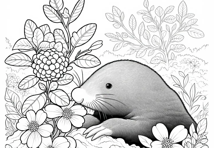 Maulwurf schnuppert an Blume: Detailreiches Ausmalbild (Kostenlos)