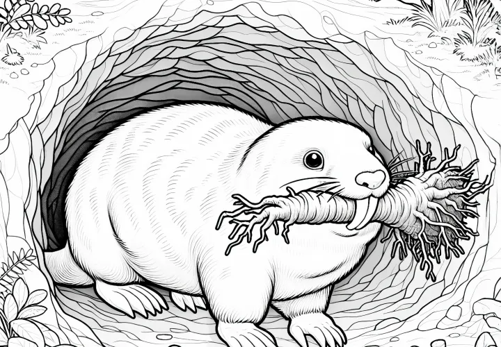 Maulwurf mit Wurzel im Maul: Ausmalbild zum Herunterladen (Gratis)