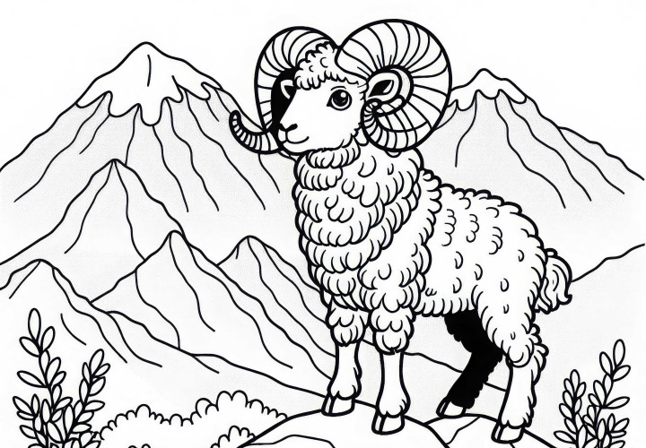 힘찬 뿔을 가진 머플론이 산 정 Plateau 위에 서 있습니다 - 무료 색칠하기 미리보기