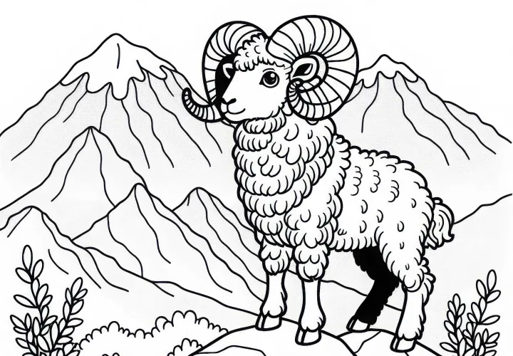 Муффлон с огромными рогами стоит на горном плато – раскраска бесплатно