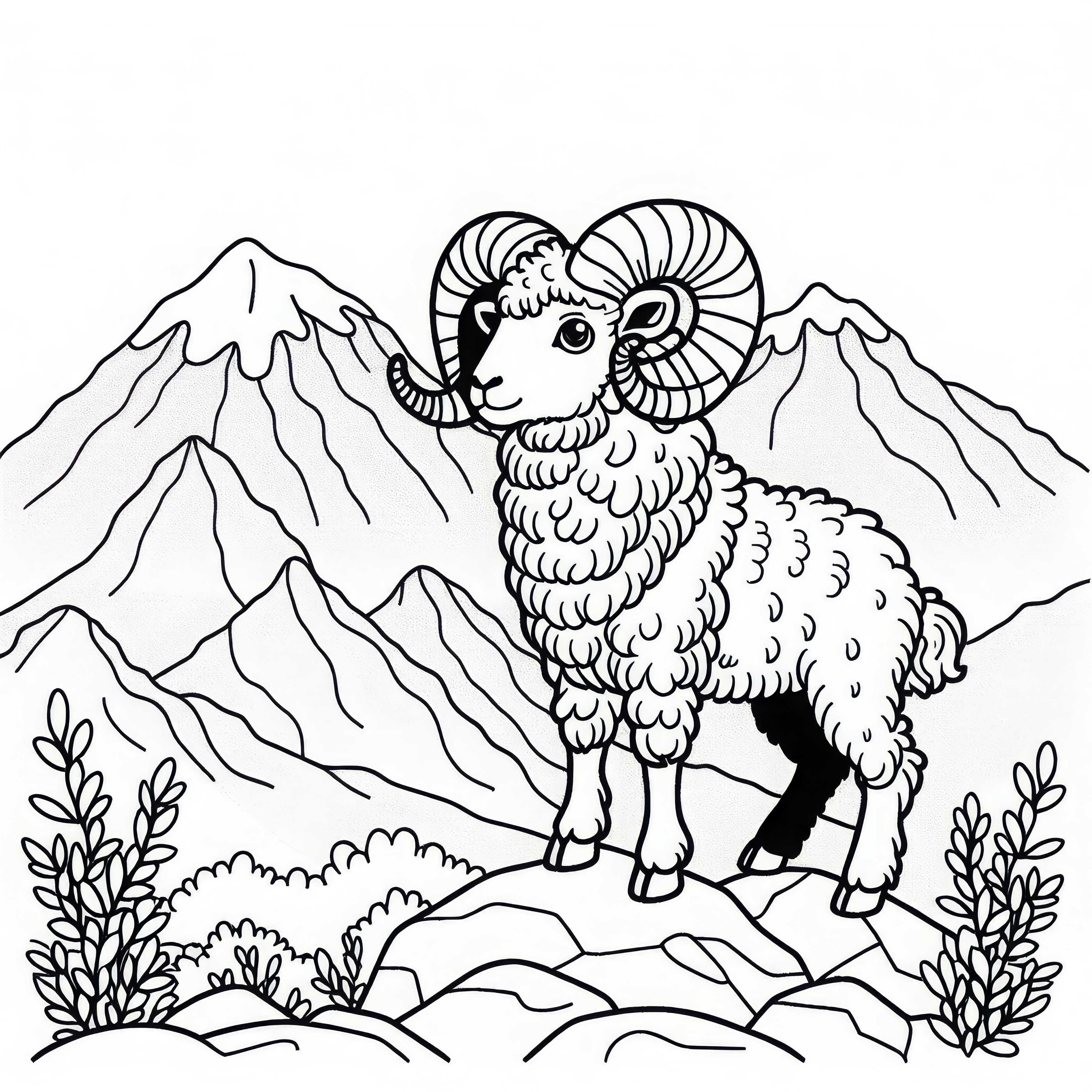 巨大な角を持つムフロンが山の高原に立っている – 無料の塗り絵 巨大な角を持つムフロンが山の高原に立っている - お絵描きのテンプレート無料