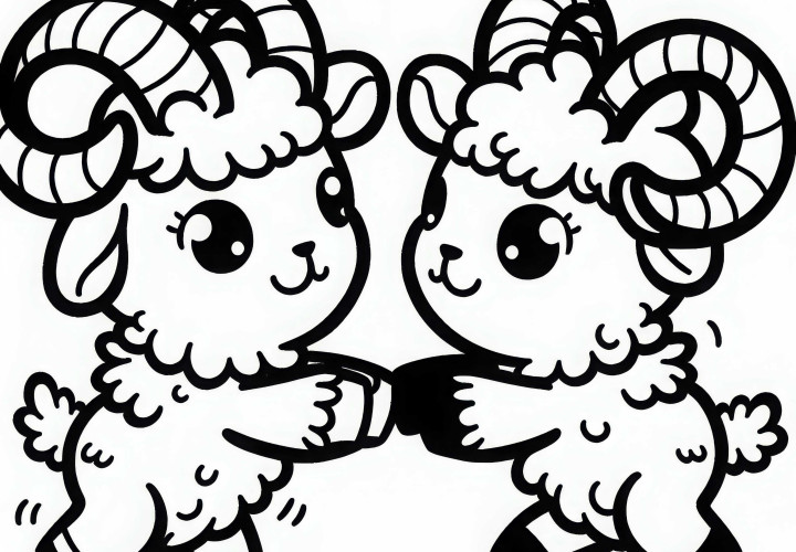 두 마리 무플롱이 놀이처럼 싸우고 있습니다 – 간단한 색칠 공부 무료 шаблон