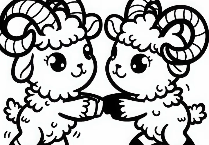 Два муфлона играючи сражаются – Простая раскраска бесплатно