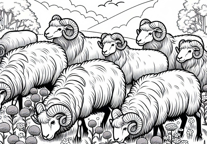 무플론 떼가 풀밭에서 풀을 뜯고 있는 모습 - 무료로 색칠공부 용지 다운로드