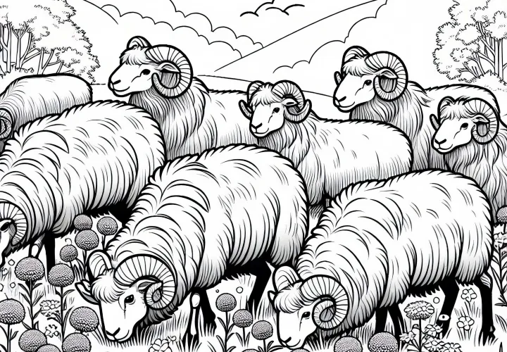 Стая муфлонов пасется на лугу – скачать бесплатный раскраску