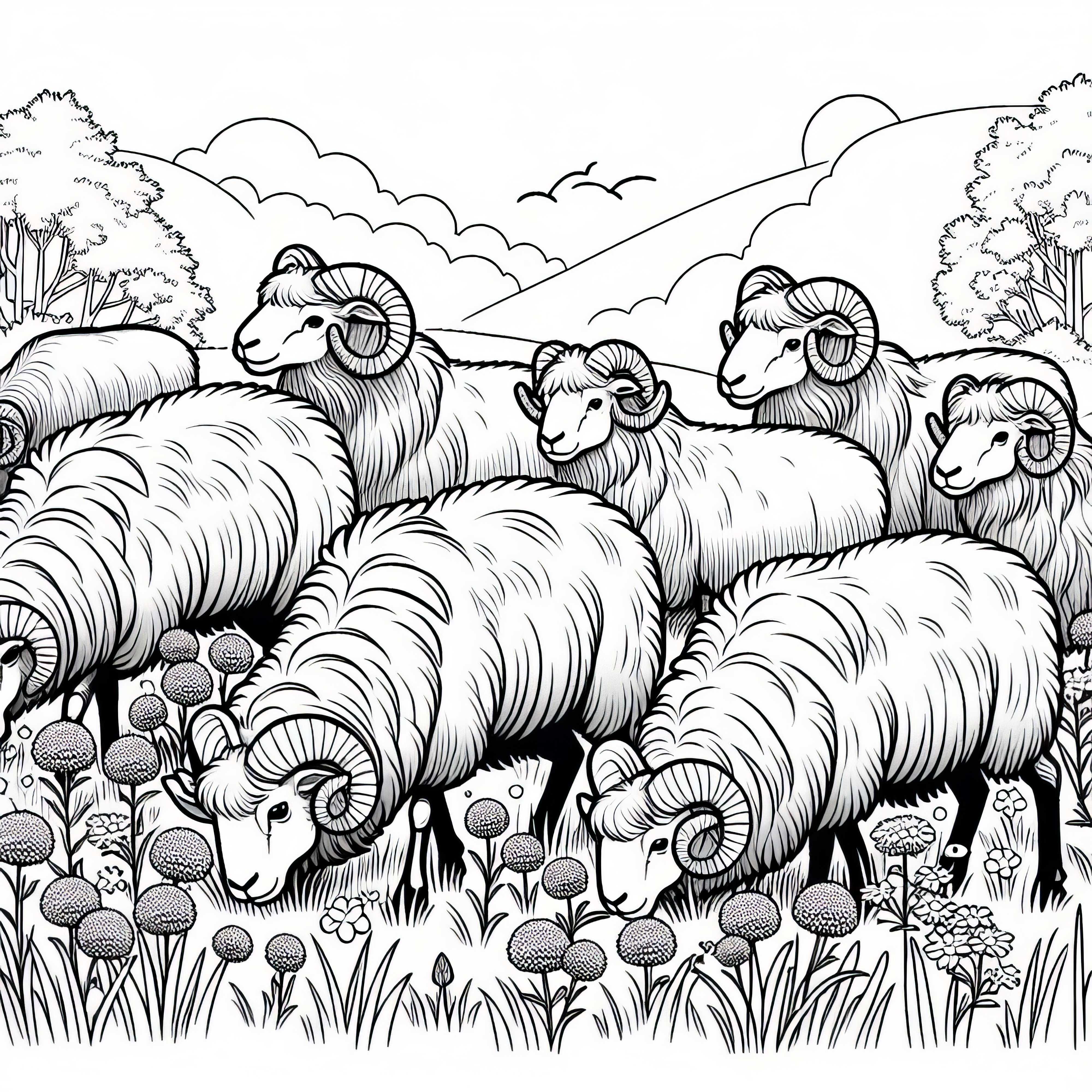 Mouflon herd grazes in the meadow - download coloring page for free Mouflon herd grazes on meadow - download coloring page for free
