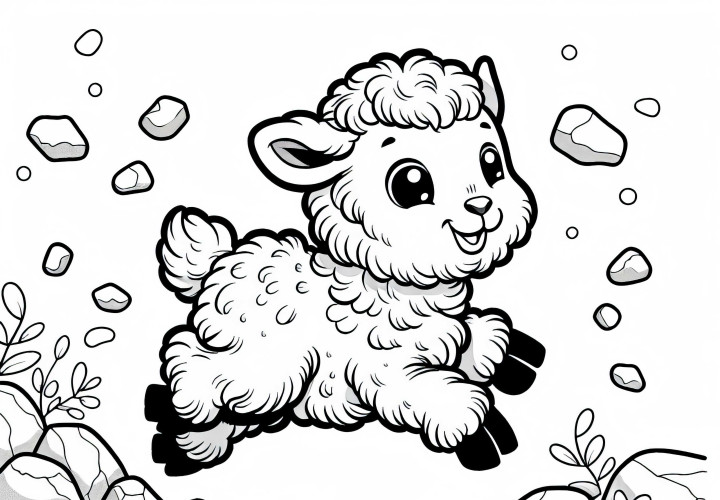 무플론 새끼가 즐겁게 바위 위를 뛰어다닌다 – 무료 색칠공부 그림 다운로드