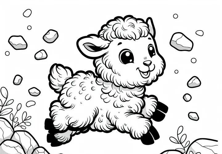 Молодой муфлон весело прыгает по камням – бесплатная раскраска для скачивания