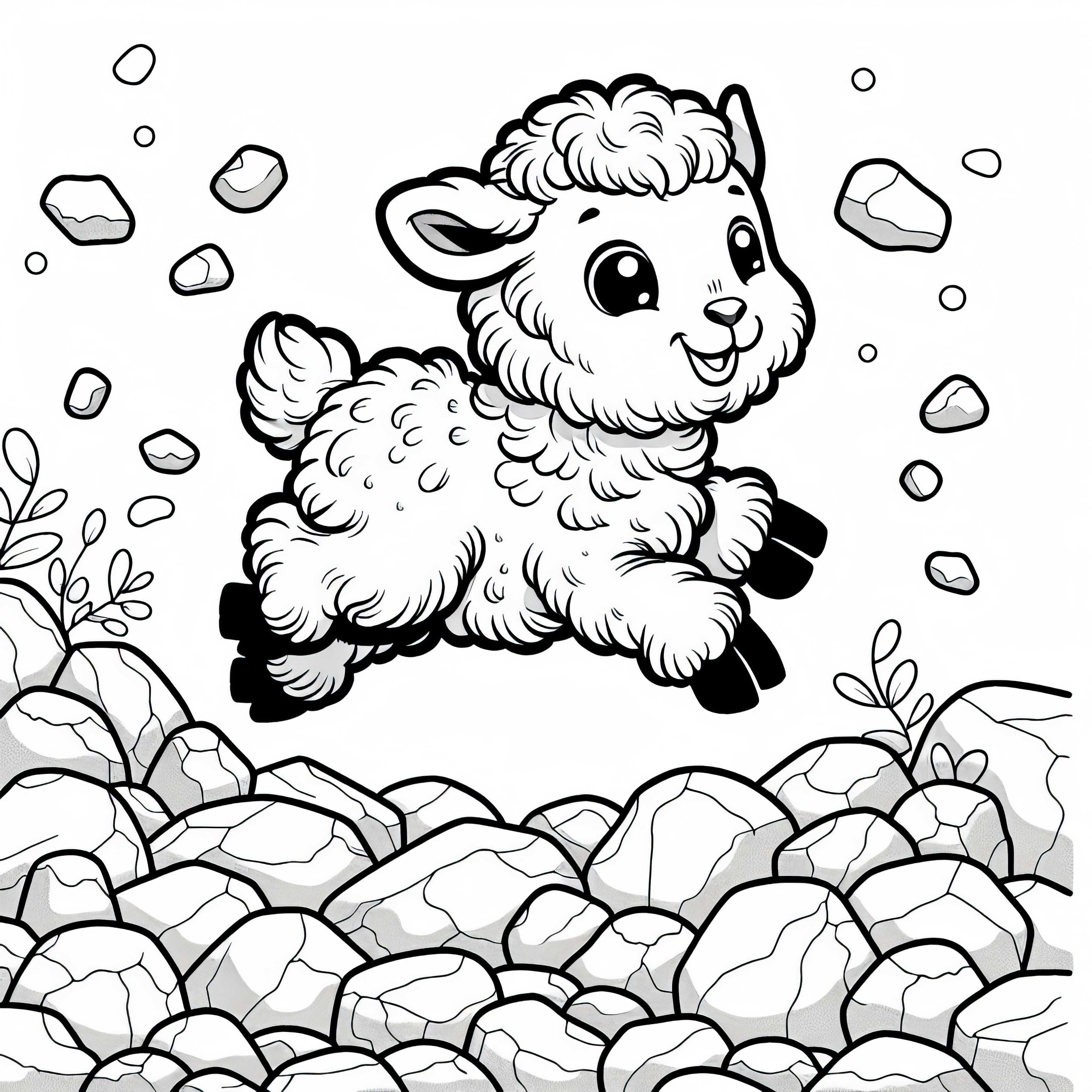 The young mouflon jumps cheerfully around on the stones - download the coloring page for free