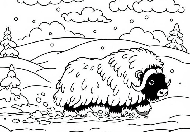 Musk ox stomps through deep snow – free coloring template