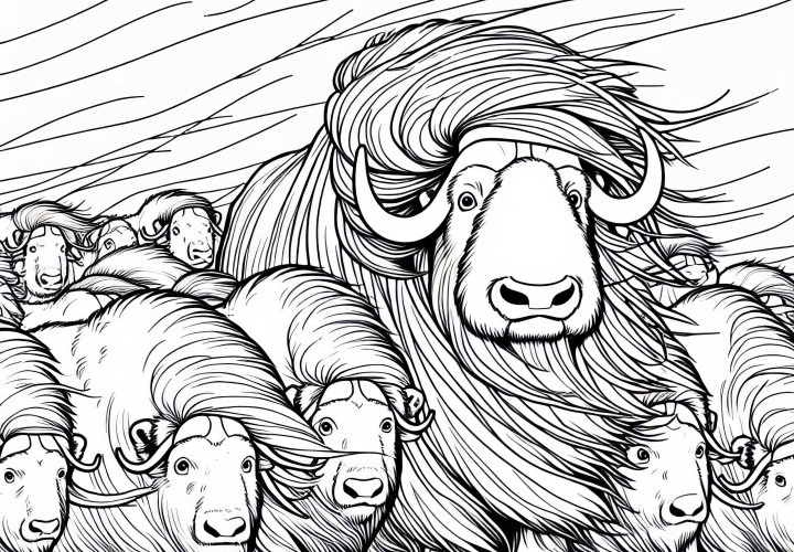 Herds of musk oxen huddle closely together in strong winds - free coloring page