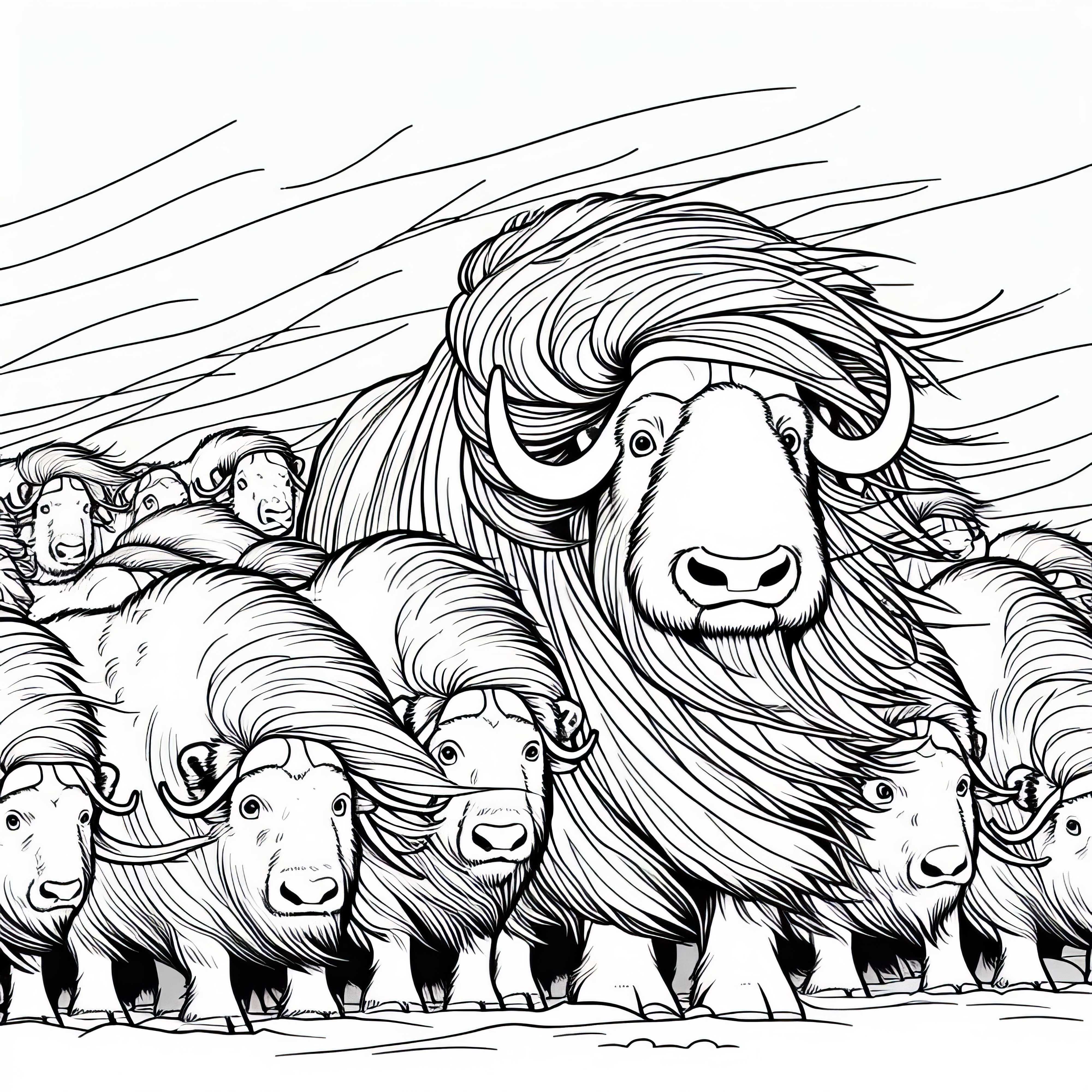 Herds of musk oxen huddle closely together in strong wind - free coloring template