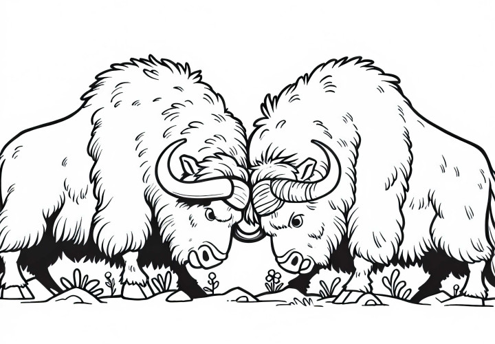 Two Musk Oxen Ramming Heads Against Each Other - Free Coloring Page