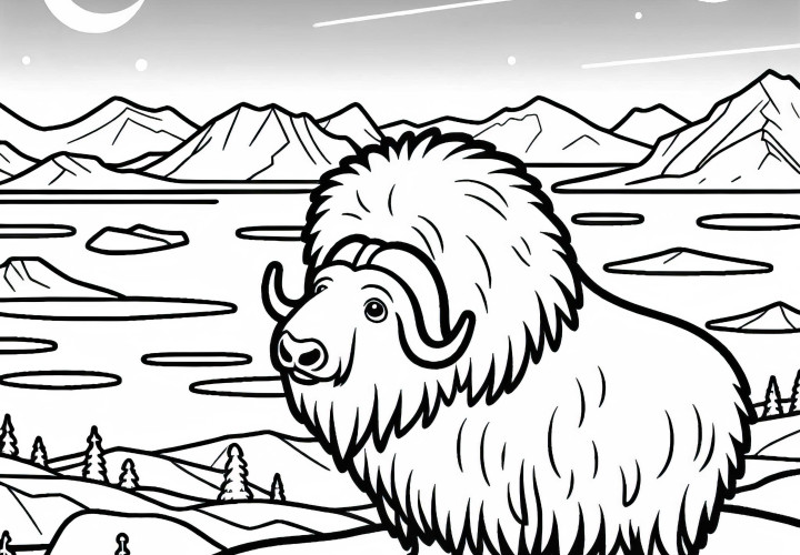 Musk ox stands on a hill and looks over the Arctic landscape