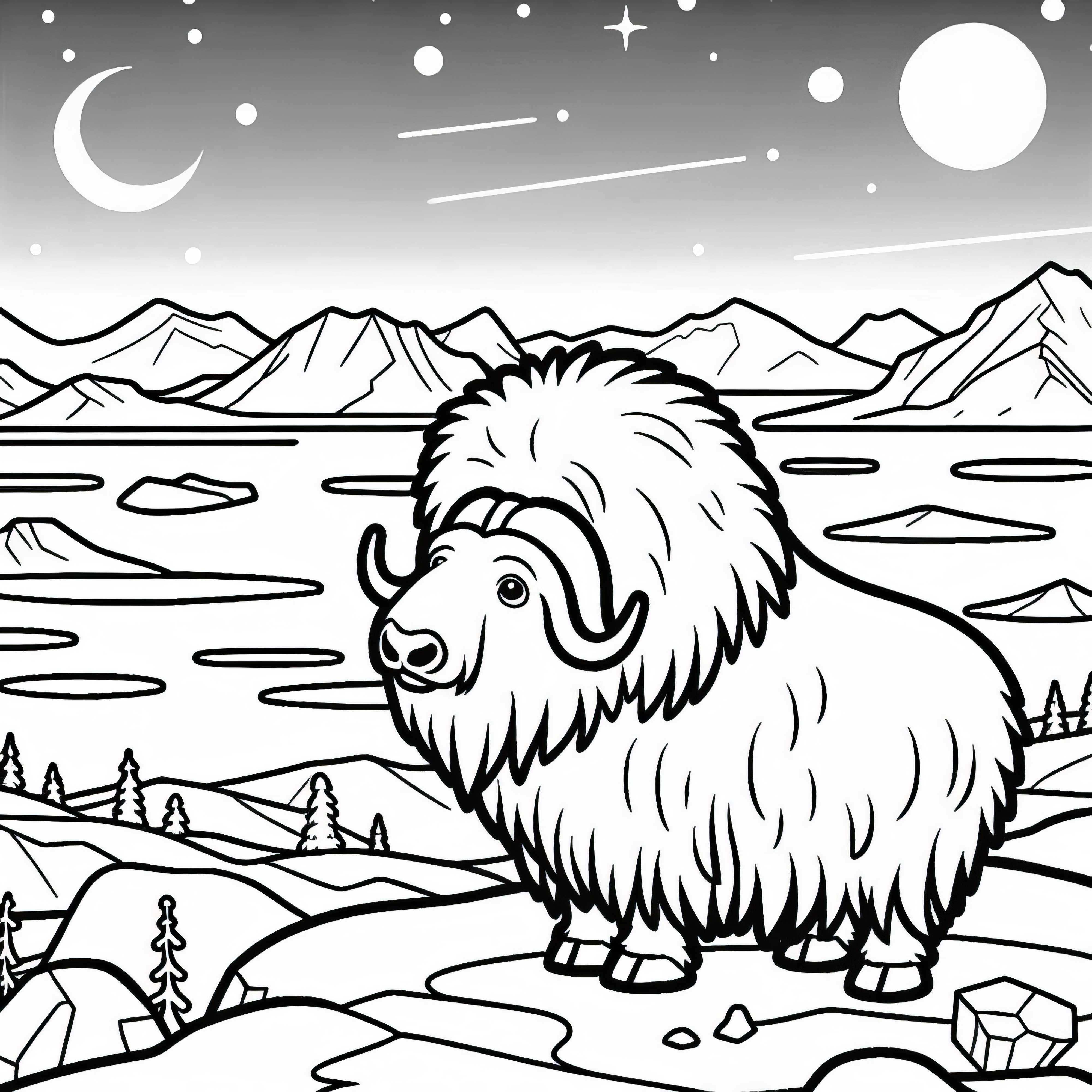 문맥소가 언덕에 서서 북극 풍경을 바라보고 있다 무스탕소가 언덕에 서서 북극 경치를 바라보고 있다