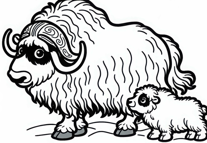 Muskox calf runs next to its mother - Free coloring page