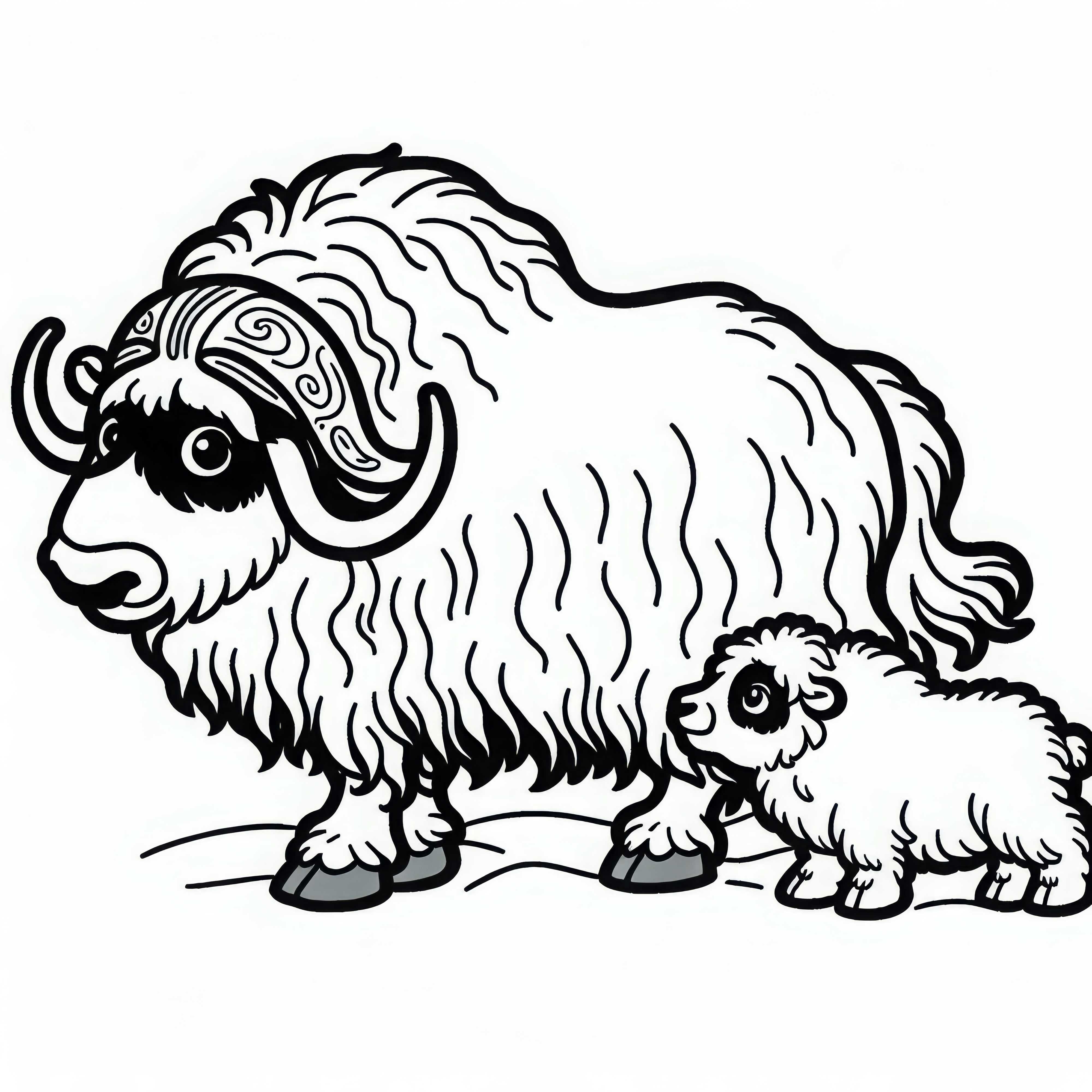 Muskox calf walks next to its mother - free coloring page Muskox calf runs next to its mother - free coloring page