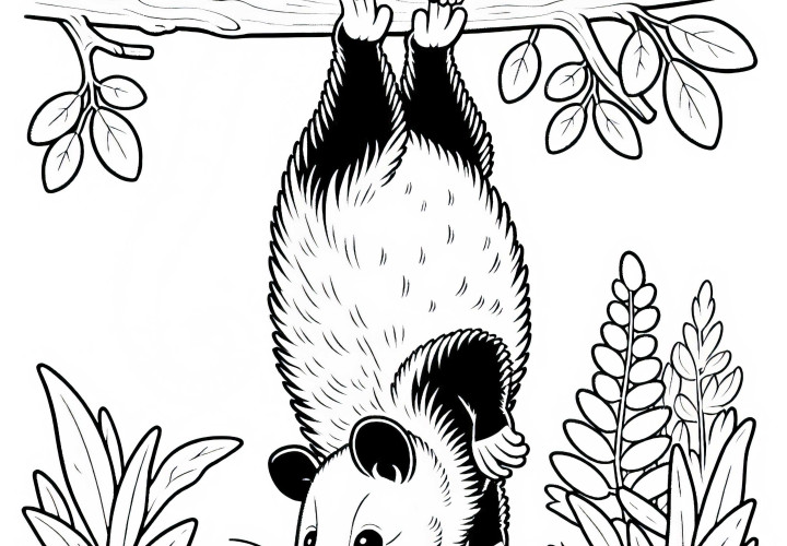 Opossum hangs upside down from the branch - Free coloring template