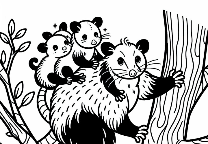 Opossum carries its young on its back – Free coloring page