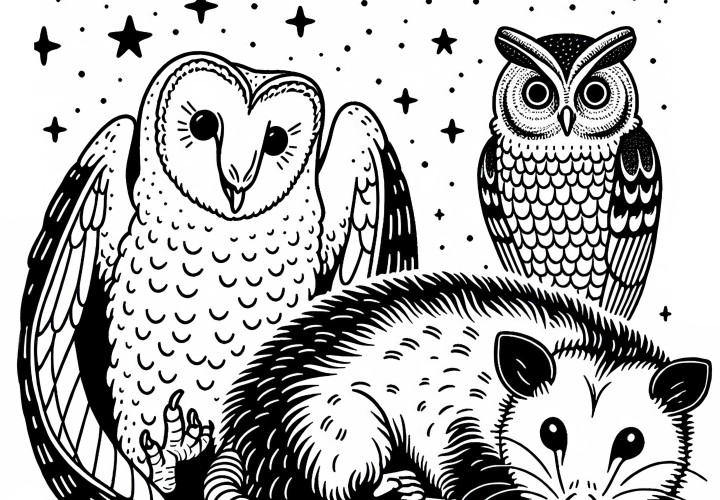 Opossum is watched by owls – Free coloring page