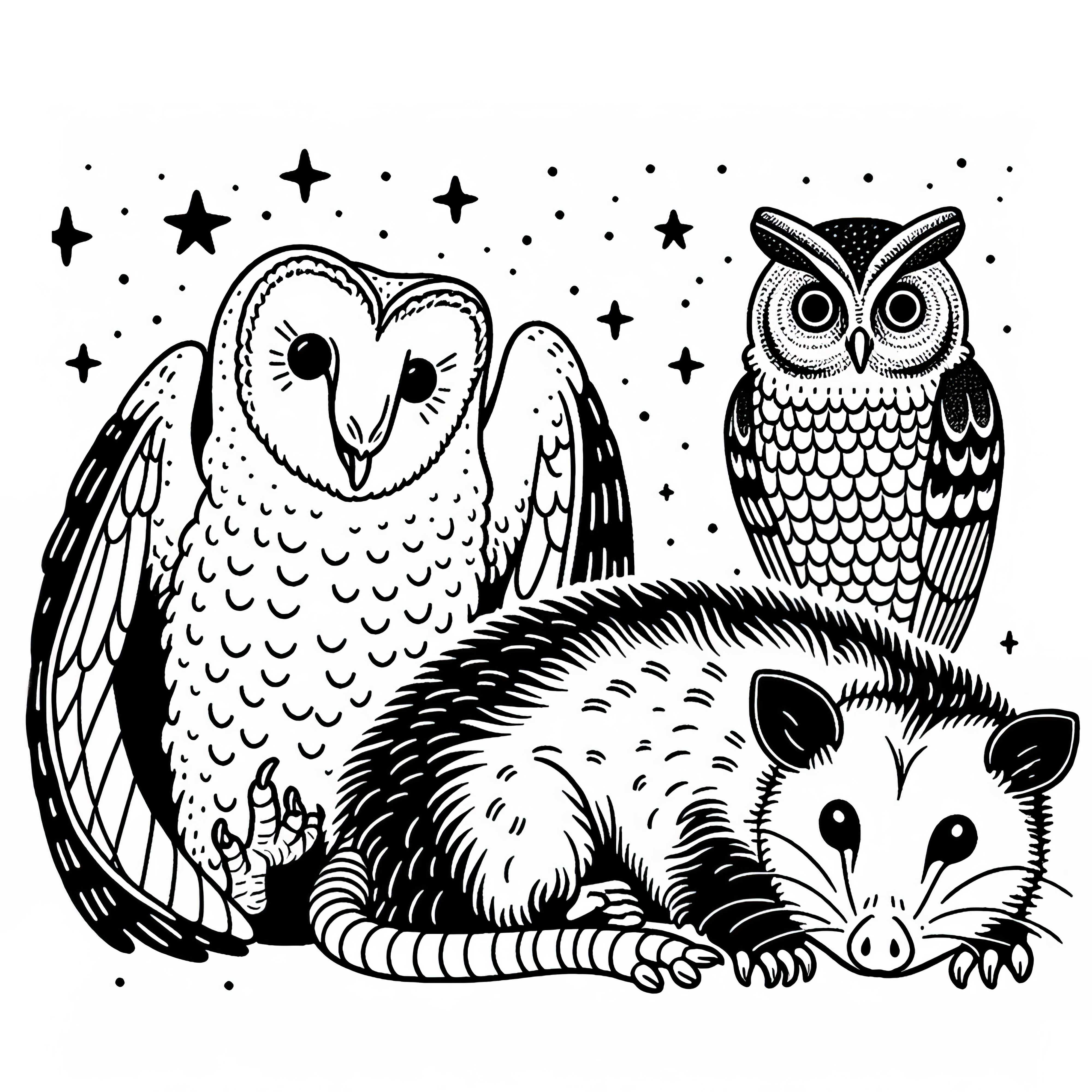 Opossum je sledovaný sovami – bezplatná omaľovánka Opossum je pozorovaný sovami – Bezplatná omaľovánka